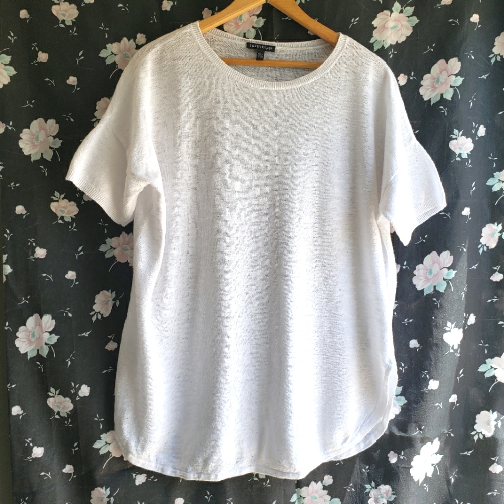 Eileen Fisher Women's Linen Cotton Blend Short Sleeve Sweater Blouse White Sm/P